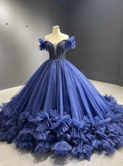 Navy Blue Tulle Ball Gown Beading Prom Dress