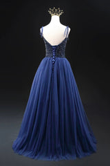 Navy Blue Tulle Beads Long A-Line Prom Dress, Elegant Spaghetti Strap Backless Evening Dress