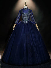 Navy Blue Tulle Long Sleeve Appliques Quinceanera Dress