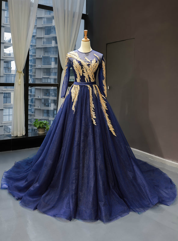 Navy Blue Tulle Long Sleeve Backless Haute Couture Prom Dress With Beading Sequins