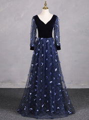 Navy Blue Tulle Long Sleeve V-neck Butterfly Prom Dress