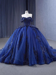 Navy Blue Tulle Sequins Beading Prom Dress