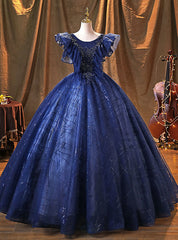 Navy Blue Tulle Sequins Beading Quinceanera Dress