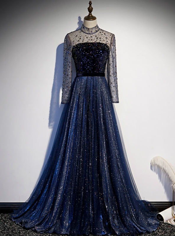 Navy Blue Tulle Sequins High Neck Long SLeeve Beading Prom Dress