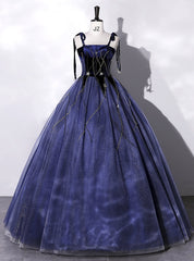 Navy Blue Tulle Velvet Straps Quinceanera Dress