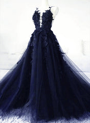 Navy Blue Tulle With Lace Applique Party Dress, Navy Blue Tulle Prom Dress