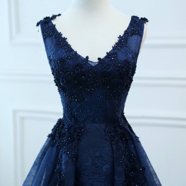 Bridesmaid Dress Colorful, Navy Blue V-neckline Lace Long Party Dress with Flowers, Blue V-neckline Prom Dress