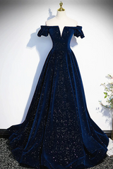 Navy Blue Velvet Off Shoulder Long Party Dress, Navy Blue Prom Dress Formal Dress