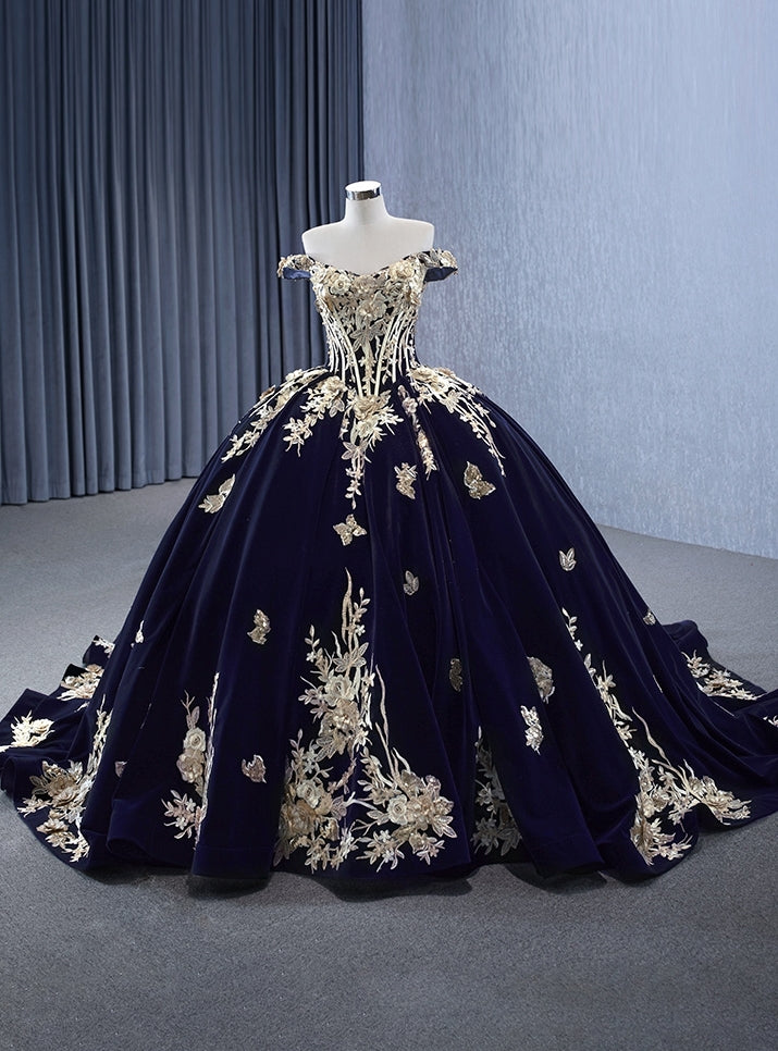 Navy Blue Velvet Off the Shoulder Appliques Prom Dress