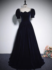 Navy Blue Velvet Short Sleeve Prom Dress