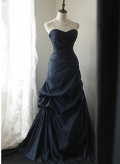 Navy Blue Vintage Style Taffeta Long Prom Dress, Navy Blue Party Dress