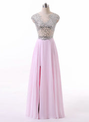 New Arrival Pink Chiffon A Line Boat Neck Cap Sleeves Long Prom Dresses