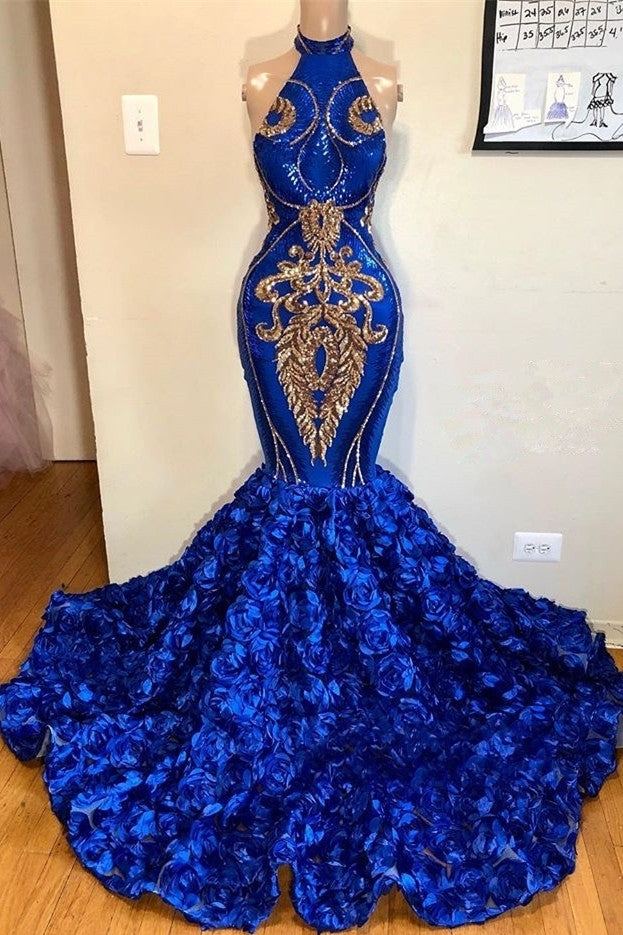 New Arrival Royal Blue Halter Mermaid Prom Dresses Gorgeous Sleeveless Flowers Long Evening Gowns