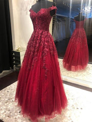 Off Shoulder Burgundy Lace Long Prom Dresses, Off the Shoulder Burgundy Formal Dresses, Burgundy Evening Dresses