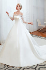 Wedding Dress Fabric, Off-Shoulder Lace Satin Wedding Dresses with Sleeves