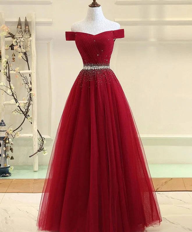 Evening Dresses Wedding, Off Shoulder Long Formal Dress, Beaded Party Dresses