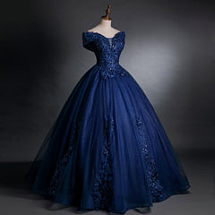 Off Shoulder Navy Blue Long Sweet 16 Gown Blue Tulle with Lace Prom Dress prom dresses shops