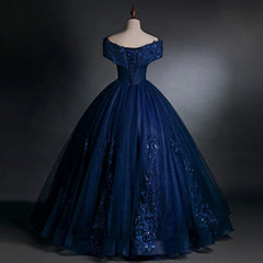 Off Shoulder Navy Blue Long Sweet 16 Gown Blue Tulle with Lace Prom Dress prom dresses shops