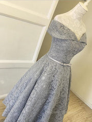 Party Dress Beige, Off Shoulder Tea Length Gray Lace Prom Dresses, Off the Shoulder Gray Homecoming Dresses, Gray Lace Formal Evening Dresses