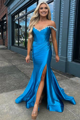 Off the Shoulder Beaded Blue Mermaid Prom Dress with Slit