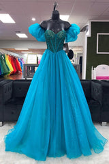 Off the Shoulder Blue Beaded Long Prom Dresses, Blue Beaded Long Formal Evening Dresses