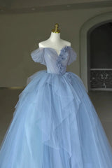 Off the Shoulder Blue Tulle Long Prom Dresses, Off Shoulder Blue Long Formal Evening Dresses