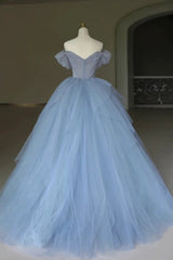 Off the Shoulder Blue Tulle Long Prom Dresses, Off Shoulder Blue Long Formal Evening Dresses