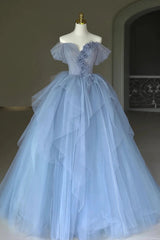 Off the Shoulder Blue Tulle Long Prom Dresses, Off Shoulder Blue Long Formal Evening Dresses