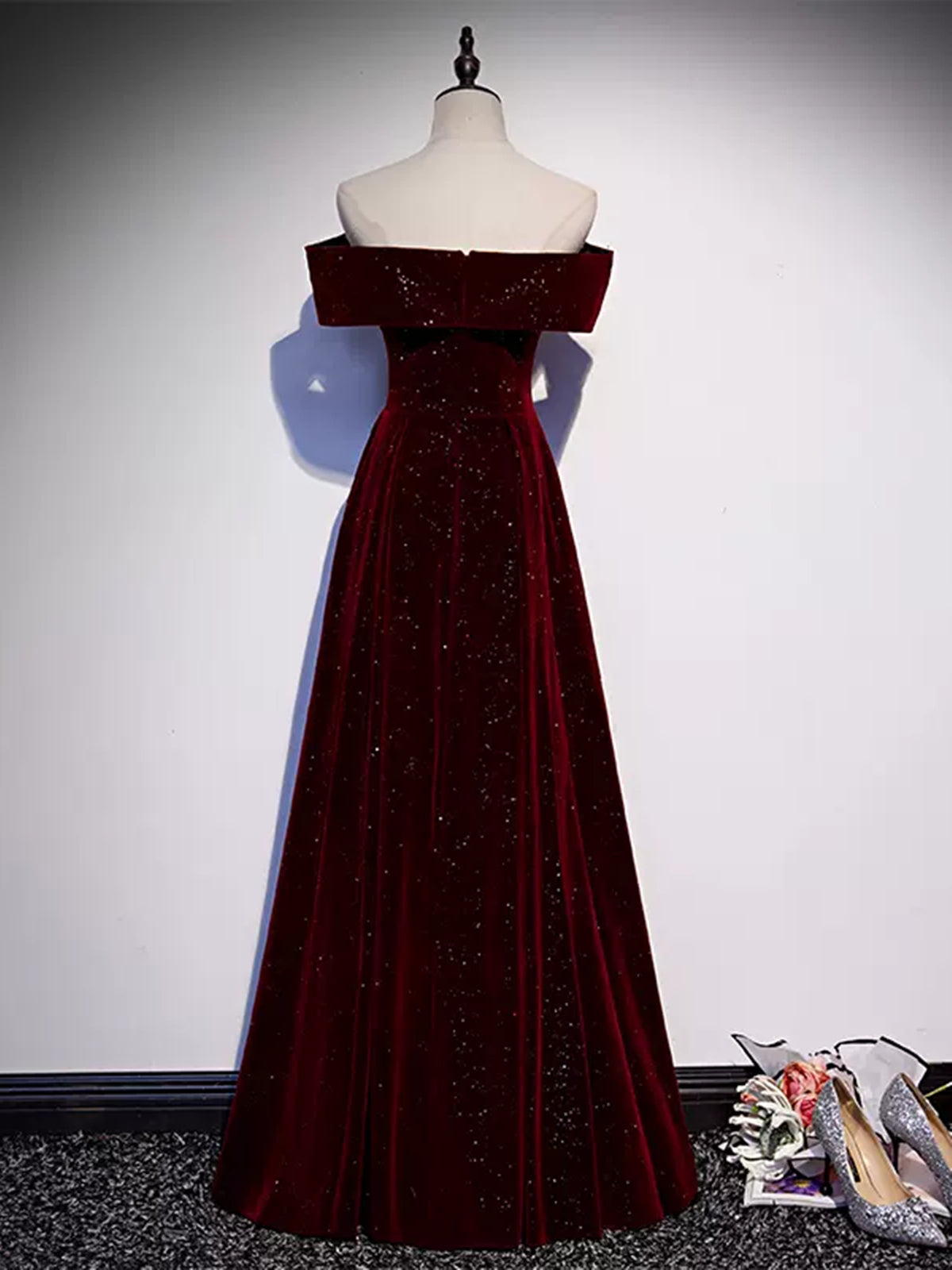 Bridesmaid Dresses Affordable, Off the Shoulder Burgundy Velvet Long Prom Dresses, Wine Red Long Formal Graduation Dresses