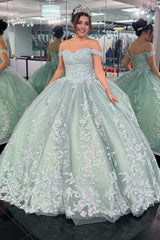 Off-the-Shoulder Dusty Sage Appliques With Lace Up Quinceanera Dress