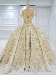 Wedding Dresses Girl, Off the shoulder Golden Lace Appliques Formal Ball Gown Wedding Dress