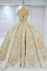 Wedding Dress Girl, Off the shoulder Golden Lace Appliques Formal Ball Gown Wedding Dress