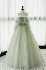 Off the Shoulder Green Lace Floral Prom Dresses, Green Tulle Floral Long Formal Evening Dresses