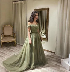 Off the Shoulder Mint Green Prom Dress Beaded Long Prom Dresses, Off Shoulder Green Long Formal Evening Dresses