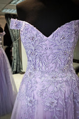 Off the Shoulder Purple Lace Prom Dresses, Purple Long Lace Formal Evening Dresses