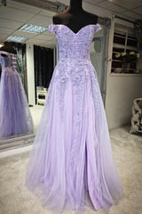 Off the Shoulder Purple Lace Prom Dresses, Purple Long Lace Formal Evening Dresses