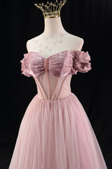 Off the Shoulder Sweetheart Beaded Tulle Long Prom Dress, A-Line Pink Evening Dress