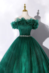 Party Dress Code Man, Off the Shoulder Tulle Long Prom Dress, Green A-Line Evening Graduation Dress