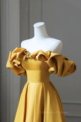 Prom Dresses Long Mermaide, Off the Shoulder Yellow Satin Long Prom Dresses, Off Shoulder Yellow Long Formal Evening Dresses