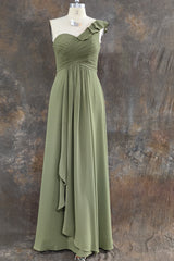 One ruffle Shoulder Long Dusty Sage Bridesmaid Dress