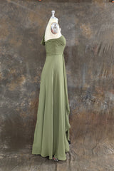 One ruffle Shoulder Long Dusty Sage Bridesmaid Dress