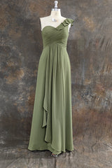 One ruffle Shoulder Long Dusty Sage Bridesmaid Dress