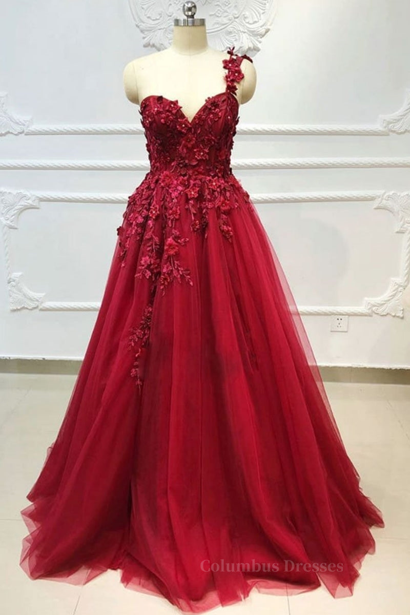 Formal Dress Wear For Ladies, One Shoulder 3D Floral Burgundy Lace Long Prom Dress, Burgundy Lace Appliques Formal Graduation Evening Dress