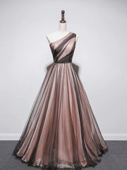 Bridesmaid Dress Blush, One Shoulder Brown Tulle Prom Dresses, Brown Tulle Formal Evening Dresses