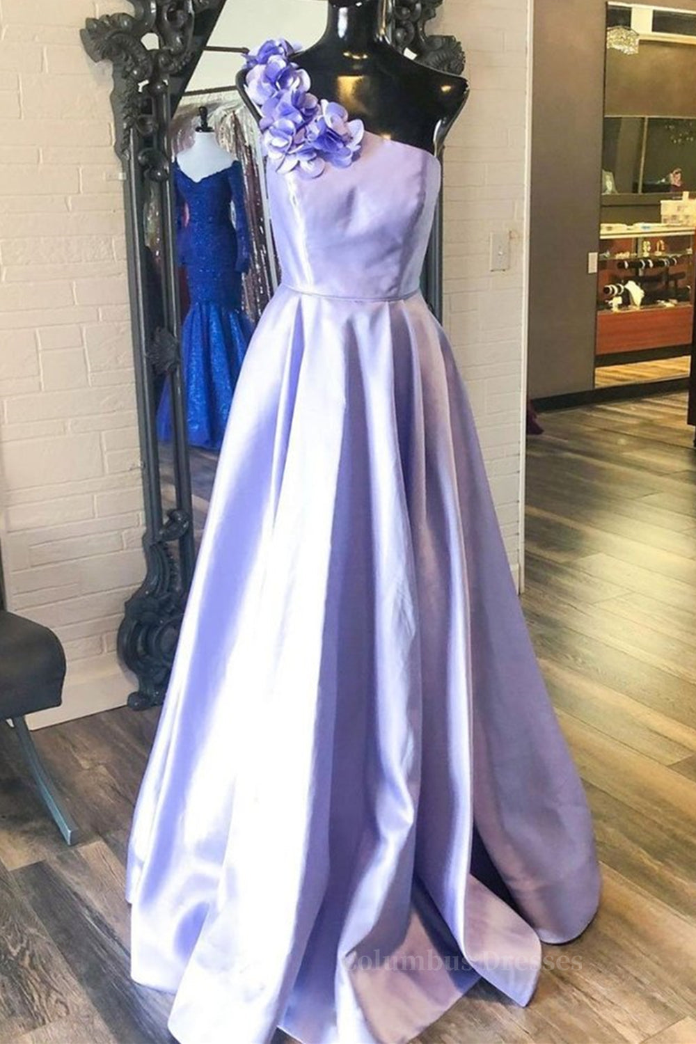 Party Dresses Black, One Shoulder Purple Satin Long Prom Dresses with Flowers, Purple Formal Evening Dresses