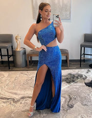 One Shoulder Royal Blue Prom Dress with Split