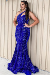 One Shoulder Royal Blue Sparkly Mermaid Sequins Long Prom Dress