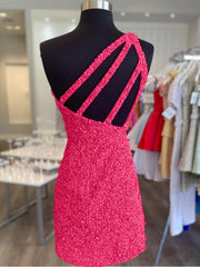 Plu Size Wedding Dress, One Shoulder Short Hot Pink Prom Dresses, One Shoulder Short Hot Pink Formal Homecoming Dresses