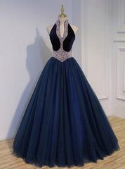 Online Store Navy Blue Ball Gown Tulle Velvet V-neck Pearls Quinceanera Dress