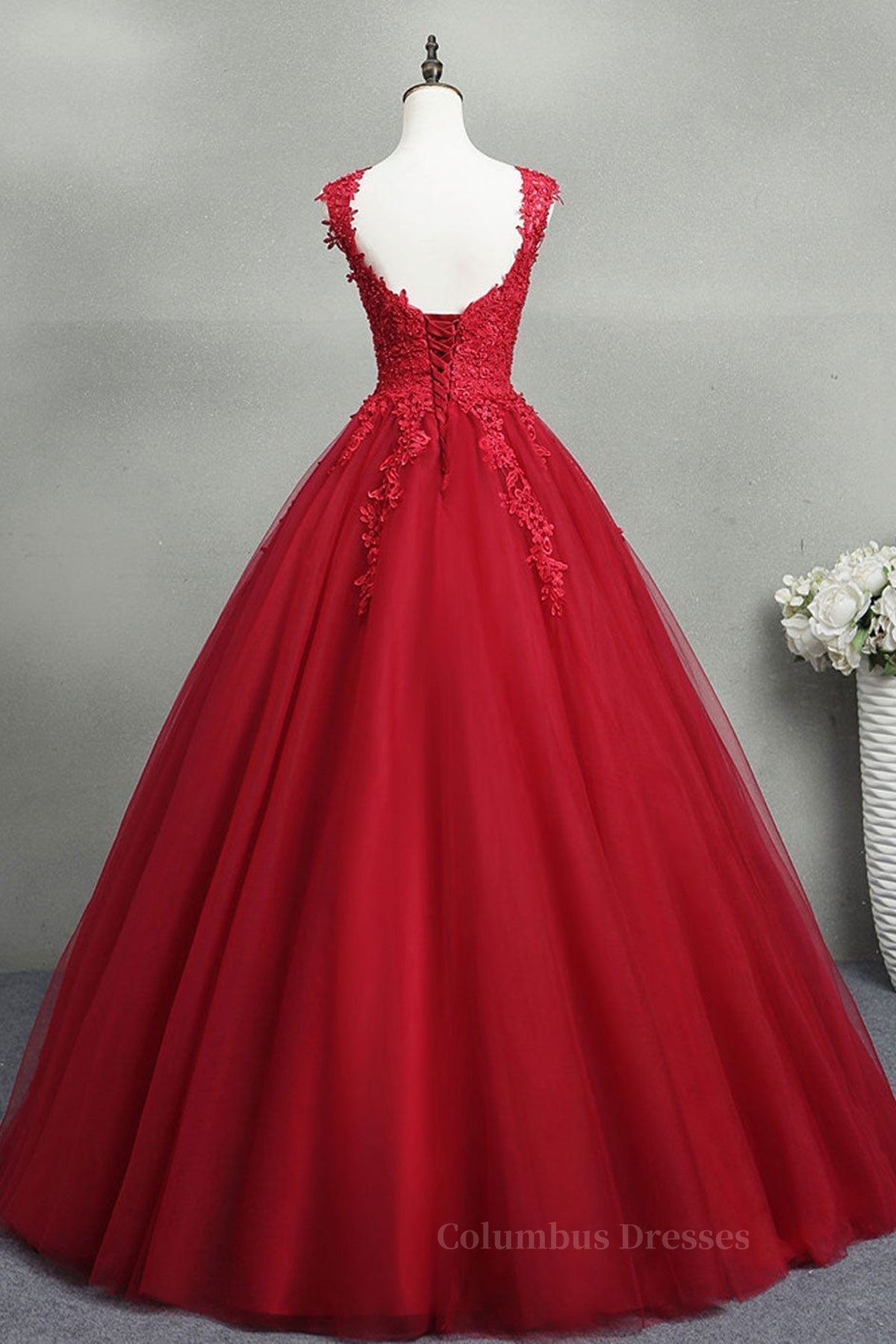 Bridesmaid Dress Mauve, Open Back Red Lace Long Prom Dress, Red Lace Formal Evening Dress, Red Ball Gown